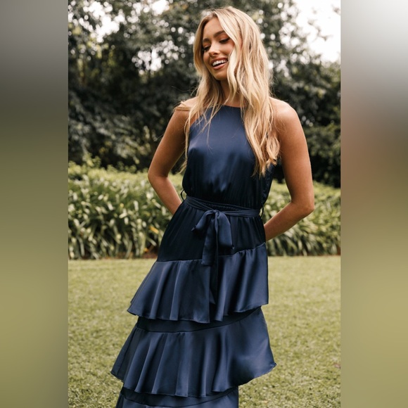Petal & Pup | Seychelle Ruffled Midi Dress in Navy | Sz 6 - Picture 2 of 12